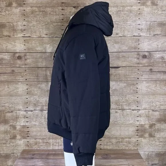 Kenneth Cole Mens Hooded‎ Puffer Jacket Black Double Zip Bib Bomber Coat KC NEW